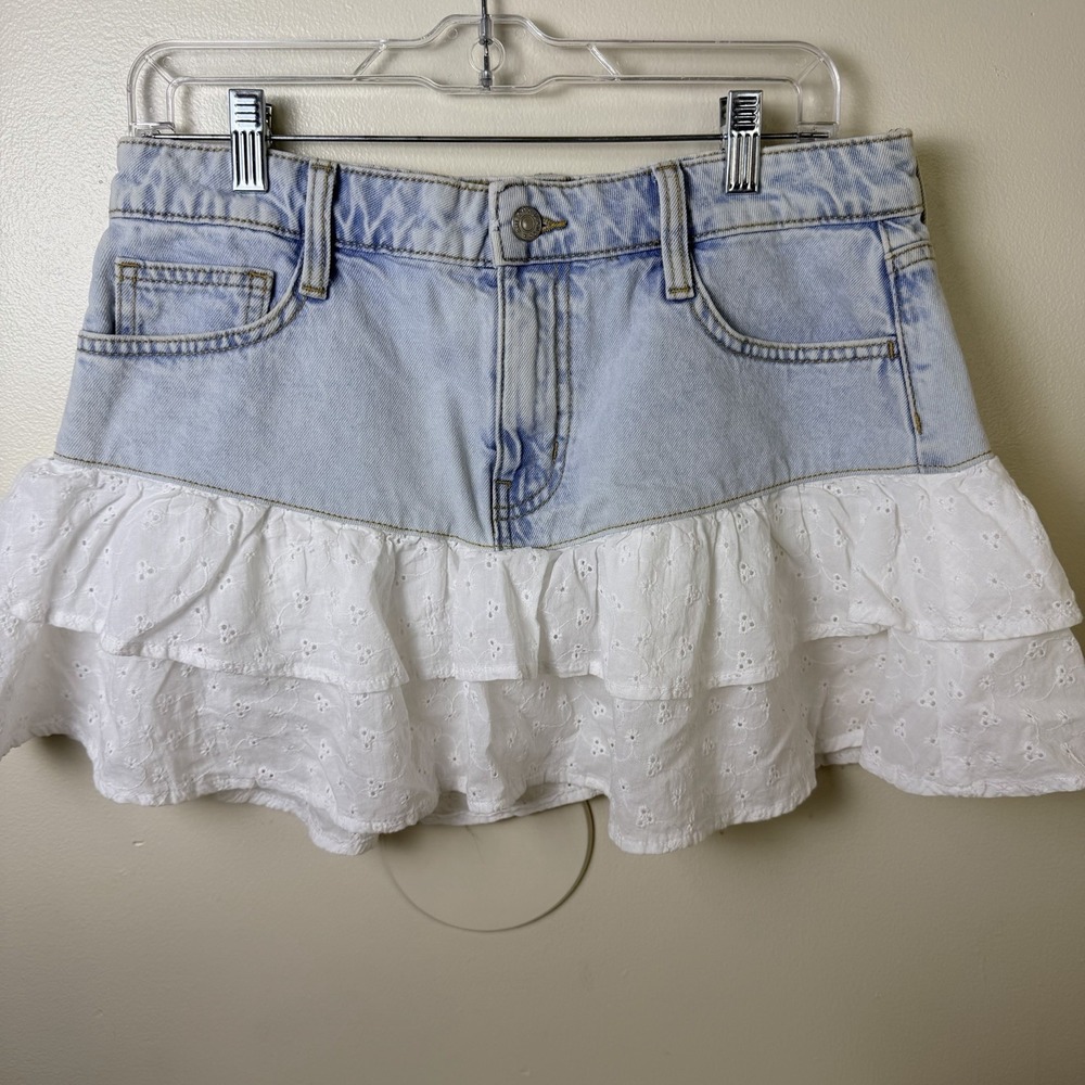 Arizona Sweet Society Skirt Womens 10 Indigo White Eyelet Ruffle Bow stretch Y2K
